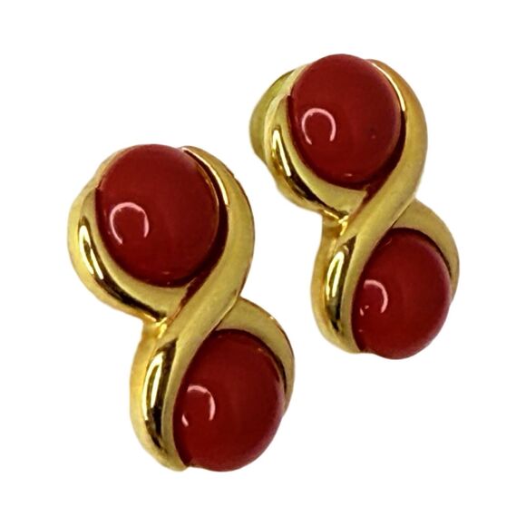 Vintage Napier Signed Cherry Red Earrings 3/4" Gold Tone Pierced Enamel - Picture 3 of 10